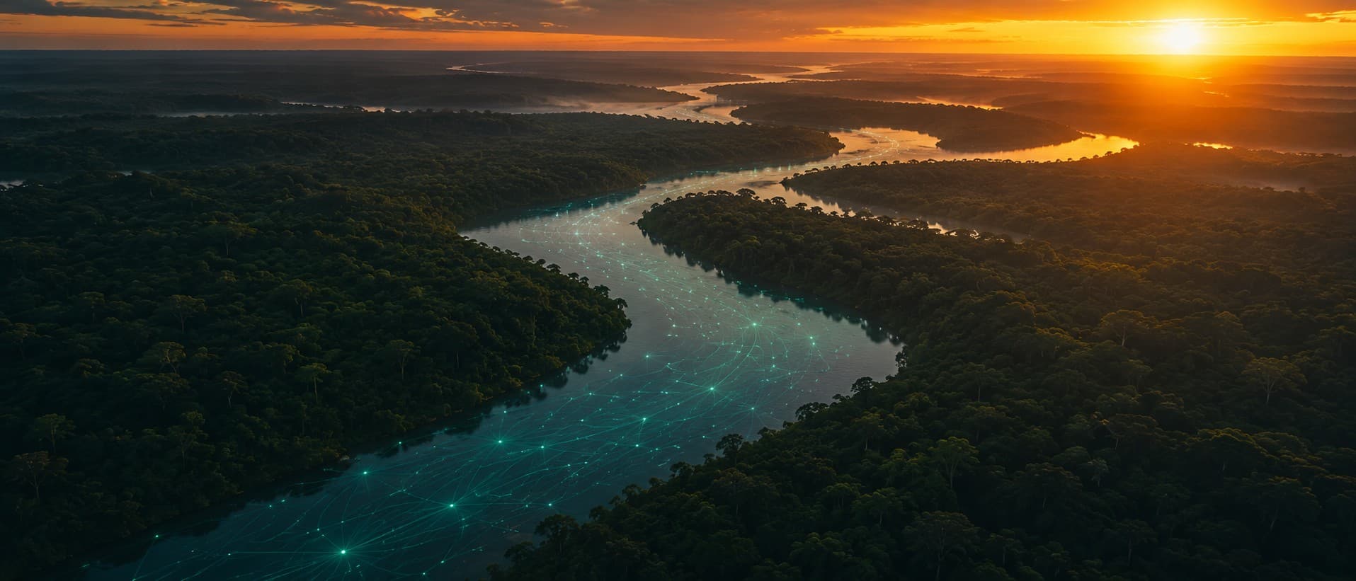 Rio serpenteando por floresta ao entardecer, com uma sutil rede de pontos de luz sobre a água sugerindo dados de monitoramento